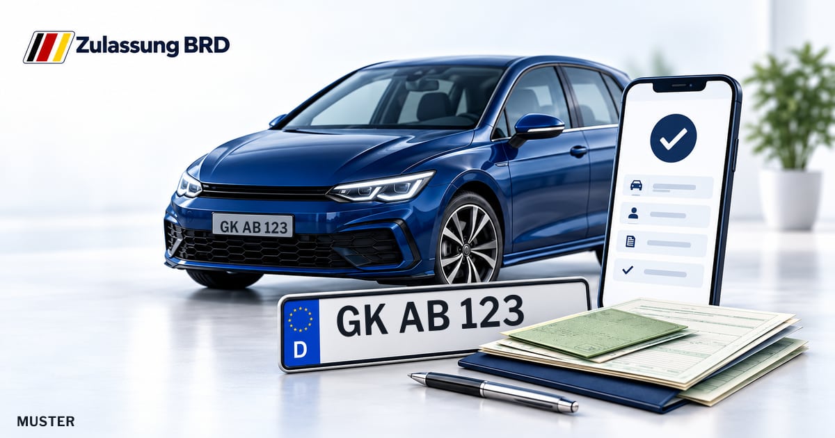 Online Fahrzeugzulassung in Geilenkirchen: Musterkennzeichen GK AB 123, Auto und Fahrzeugpapiere und Smartphone. Illustration mit Logo von Zulassung BRD.